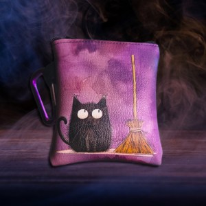 Black Cat with Broom Vinyl Pouch with Carabiner