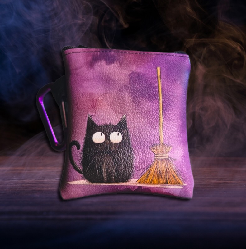 Black Cat with Broom Vinyl Pouch with Carabiner