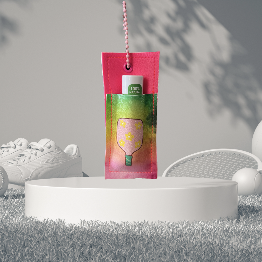 Pink Flower Paddle with Green Handle PickleBall Chapstick Holder
